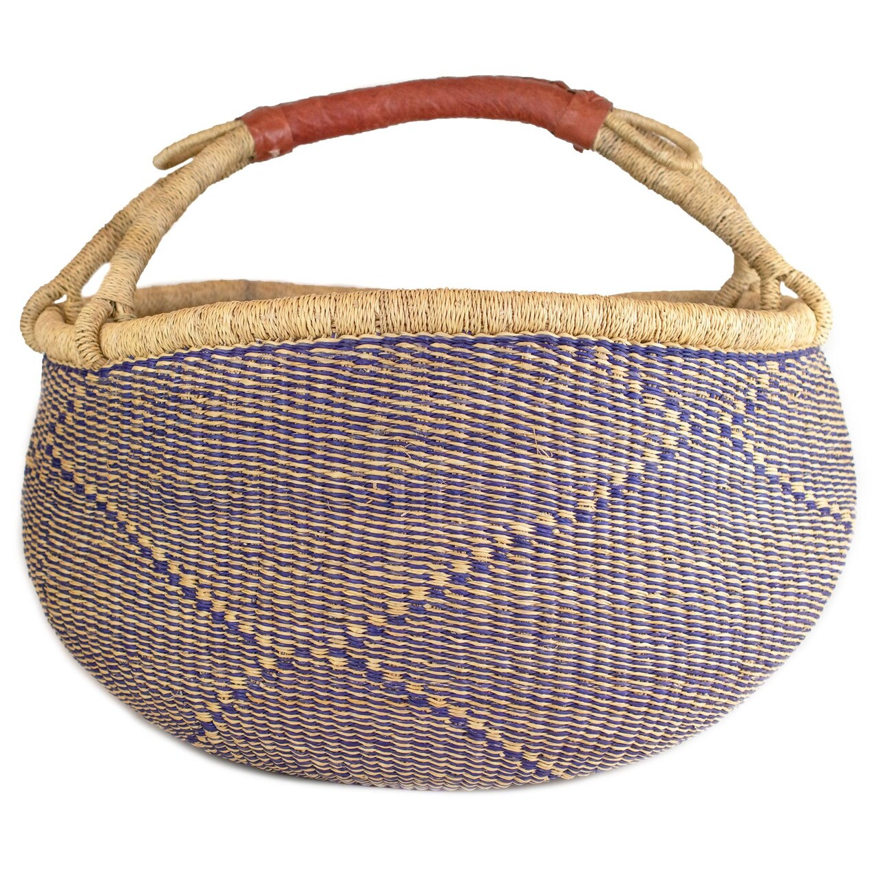 African Bolga Basket | Genuine Leather Handle | Woven Handmade Fair Trade Product | 100% Authentic Ghanaian | 16-18 Inches Across | Indigo Blue - Diamond Pattern | The Bead Chest